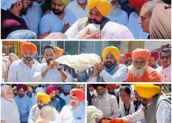 Punjab Chief Minister Bhagwant Mann shoulders the bier of revered Punjabi poet Dr Surjit Patar