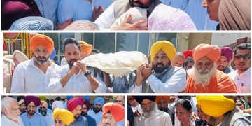 Punjab Chief Minister Bhagwant Mann shoulders the bier of revered Punjabi poet Dr Surjit Patar