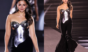 Alia bhatt dazzles in silver breastplate by Gaurav Gupta for Paris Fashion Week debut