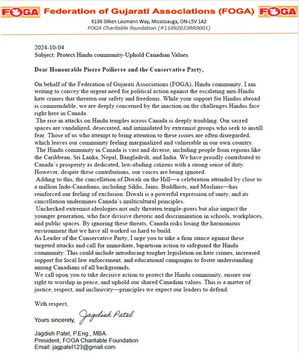Federation of Gujarati Associations writes letter to opposition leader Poilievre, expresses concern over attack on Hindus in Canada