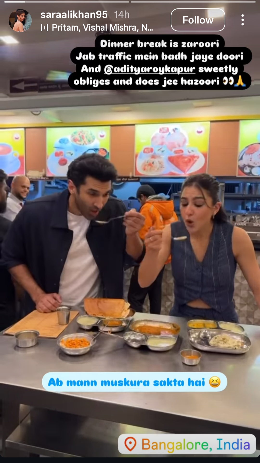 Sara Ali Khan, Aditya Roy Kapur gorge on idly, dosa in Bengaluru