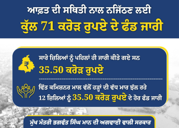 PUNJAB GOVT RELEASES RS.71 CRORE FOR FLOOD RELIEF AND REHABILITATION AS IMMEDIATE MEASURE