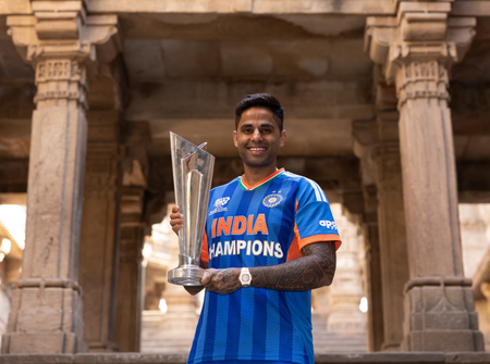 Suryakumar Yadav poses with T20 WC trophy at historic Adalaj Stepwell after India’s title triumph 
