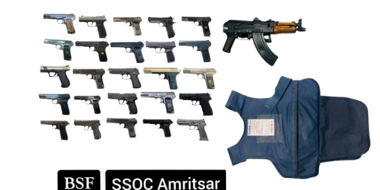 AK-47 RIFLE AMONG 26 SOPHISTICATED WEAPONS RECOVERED FROM NEAR INDO-PAK BORDER IN AMRITSAR; ONE HELD